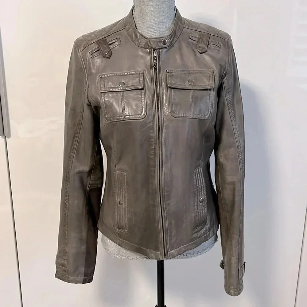 DANIER Distressed Taupe Brown Wash Genuine Leather Moto Jacket Like New, Size S
